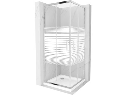 Mexen Rio sprchový kút štvorcový 90 x 90 cm, pásy, profil chróm + sprchová vanička Flat, biela - 860-090-090-01-20-4010