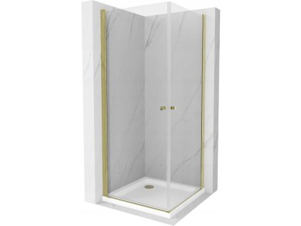 Mexen Pretoria Duo sprchový kút otvárací 70 x 70 cm, priehľadné sklo, profil zlatý + sprchová vanička Flat - 852-070-070-50-02-4010G