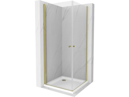 Mexen Pretoria Duo sprchový kút otvárací 90 x 90 cm, priehľadné sklo, profil zlatý + sprchová vanička Flat - 852-090-090-50-02-4010G