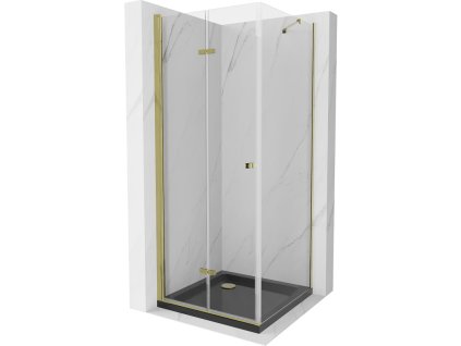 Mexen Lima sprchový kút skladací  80 x 80 cm, priehľadné sklo, profil zlatý + Flat sprchová vanička, čierna - 856-080-080-50-00-4070G