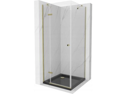 Mexen Roma sprchový kút skladací 80 x 80 cm, priehľadné sklo, profil zlatý + sprchová vanička Flat, čierna - 854-080-080-50-00-4070G
