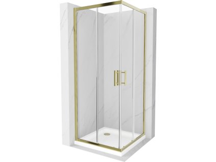 Mexen Rio sprchový kút štvorcový 80 x 80 cm, priehľadné sklo, profil zlatý + sprchová vanička Flat, biela - 860-080-080-50-00-4010G