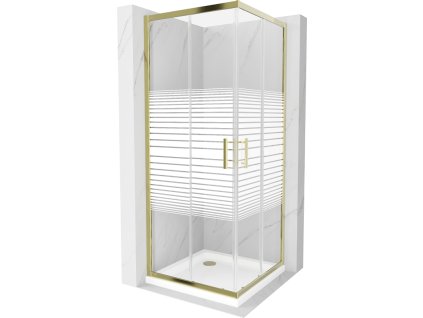 Mexen Rio sprchový kút štvorcový 90 x 90 cm, pásy, profil zlatý + sprchová vanička Flat, biela - 860-090-090-50-20-4010G