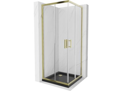 Mexen Rio sprchový kút štvorcový 80 x 80 cm, priehľadné sklo, profil zlatý + sprchová vanička Flat, čierna- 860-080-080-50-00-4070G