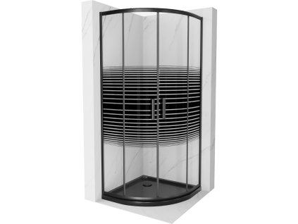 Mexen Rio sprchový kút štvrťkruhový 80 x 80 cm, pásy, profil čierny + sprchová vanička Flat, čierna - 863-080-080-70-20-4170B