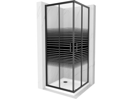 Mexen Rio sprchový kút štvorcový 90 x 90 cm, pásy, profil čierny + sprchová vanička Flat, biela - 860-090-090-70-20-4010B