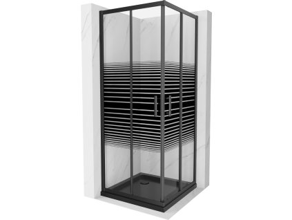 Mexen Rio sprchový kút štvorcový 90 x 90 cm, pásy, profil čierny + sprchová vanička Flat, čierna - 860-090-090-70-20-4070B