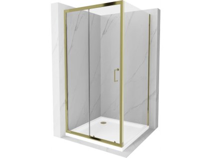 Mexen Apia sprchový kút posuvné dvere 90 x 90 cm, priehľadné sklo, profil zlatý + sprchová vanička Flat, biela- 840-090-090-50-00-4010G