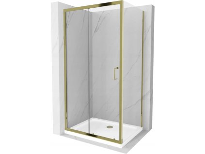 Mexen Apia sprchový kút posuvné dvere 140 x 70 cm, priehľadné sklo, profil zlatý + sprchová vanička Flat, biela- 840-140-070-50-00-4010G
