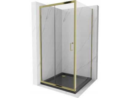 Mexen Apia posuvný sprchový kút 100 x 100 cm, transparentný, zlatý + Plochá sprchová vanička, čierna - 840-100-100-50-00-4070G