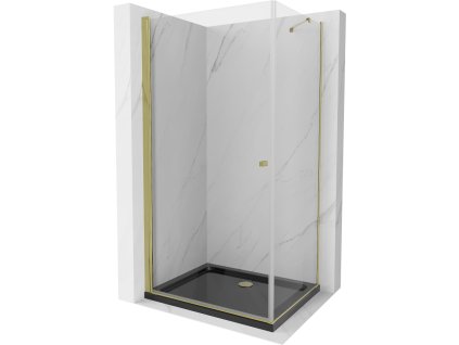 Mexen Pretoria sklápací sprchový kút 70 x 80 cm, transparentný, zlatý + Plochá sprchová vanička, čierna - 852-070-080-50-00-4070G