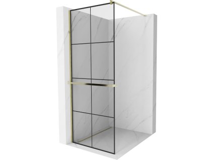 Mexen Kioto  sprchová zástena s držiakom na uteráky a poličkou 70 x 200 cm, priehľadné sklo / čierny vzor, 8 mm, zlatá - 800-070-121-50-77