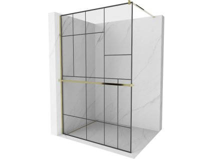 Mexen Kioto  sprchová zástena s držiakom na uteráky a poličkou 90 x 200 cm, priehľadné sklo / čierny vzor, 8 mm, zlatá - 800-090-121-50-78