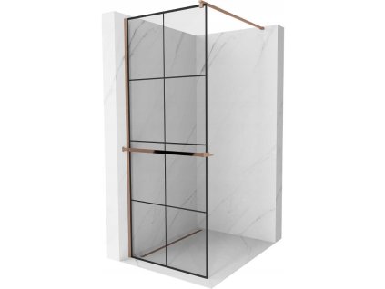 Mexen Kioto  sprchová zástena s držiakom na uteráky a poličkou 90 x 200 cm, priehľadné sklo / čierny vzor, 8 mm ružové zlato - 800-090-121-60-77