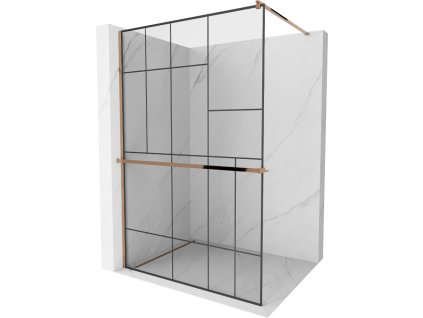 Mexen Kioto  sprchová zástena s držiakom na uteráky a poličkou 110 x 200 cm, priehľadné sklo / čierny vzor, 8 mm ružové zlato - 800-110-121-60-78