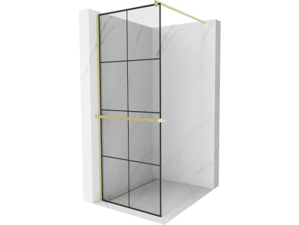 Mexen Kyoto+ sprchová stena s policou 90 x 200 cm, čierny vzor, zlatý kartáč - 800-090-121-55-77