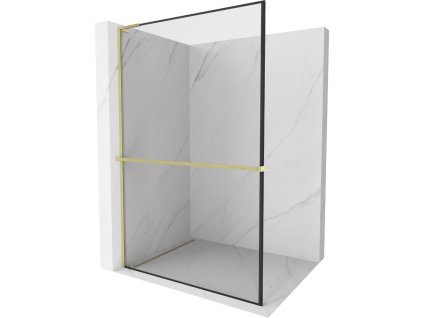 Mexen Kioto+ L sprchová stena s policou 90 x 200 cm, čierny vzor, zlatý kartáč - 800-090-123-55-70