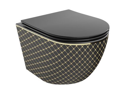 Mexen Lena WC misa bez okrajov so štíhlym voľne stojacim sedadlom, duroplast, čierny matný/zlatý mriežkový vzor - 30224079