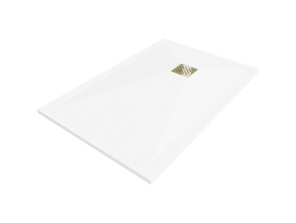 Kompozitná obdĺžniková sprchová vanička Mexen Stone+ 110 x 90 cm, biela, zlatá mriežka - 44109011-G
