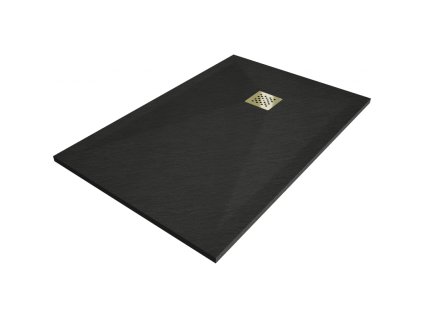 Kompozitná obdĺžniková sprchová vanička Mexen Stone+ 130 x 70 cm, čierna, zlatá mriežka - 44707013-G