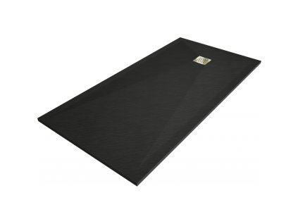 Kompozitná obdĺžniková sprchová vanička Mexen Stone+ 160 x 70 cm, čierna, zlatá mriežka - 44707016-G