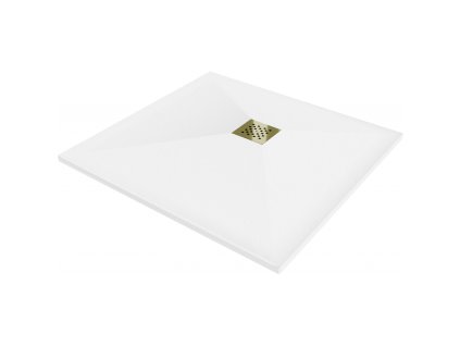 Mexen Stone+ štvorcová kompozitná sprchová vanička 90 x 90 cm, biela, zlatá mriežka - 44109090-G