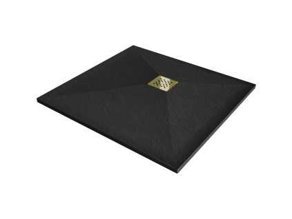 Mexen Stone+ štvorcová kompozitná sprchová vanička 80 x 80 cm, čierna, zlatá mriežka - 44708080-G