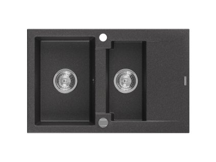 Granitový drez Mexen Gaspar s 1,5 miskou a odkapávačom 737 x 475 mm, čierny bodkovaný, chrómový sifón - 6507731505-76