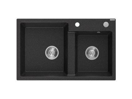 Granitový drez Mexen Tomas s 2 misami 800 x 500 mm, čierna/strieborná metalíza, chrómový sifón - 6516802000-73