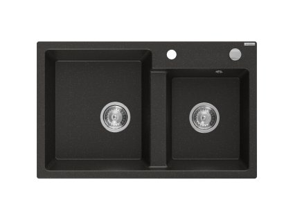 Granitový drez Mexen Tomas s 2 misami 800 x 500 mm, čierna/zlatá metalíza, chrómový sifón - 6516802000-75