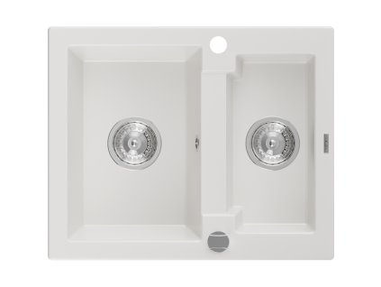 Granitový drez Mexen Carlos s 1,5 misky, 582 x 475 mm, biely, chrómový sifón - 6518581500-20