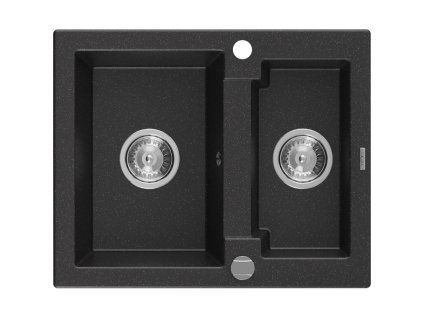 Granitový drez Mexen Carlos s 1,5 misky 582 x 475 mm, čierna/strieborná metalíza, chrómový sifón - 6518581500-73