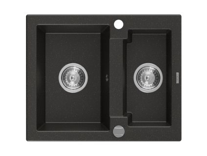 Granitový drez Mexen Carlos s 1,5 misky 582 x 475 mm, čierna/zlatá metalíza, chrómový sifón - 6518581500-75