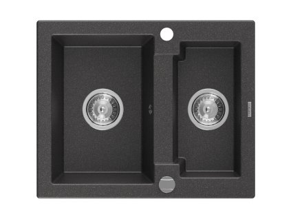 Granitový drez Mexen Carlos s 1,5 misky 582 x 475 mm, čierny bodkovaný, chrómový sifón - 6518581500-76