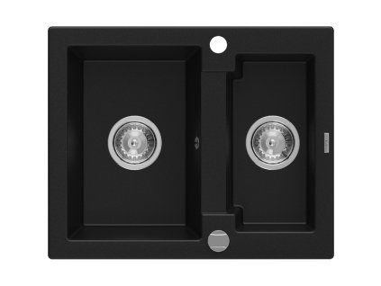 Granitový drez Mexen Carlos s 1,5 misky 582 x 475 mm, čierny, chrómový sifón - 6518581500-77
