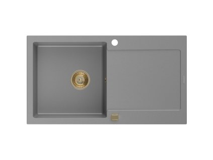 Granitový drez Mexen Leo s 1 misou a odkapávačom 900 x 500 mm, sivý, zlatý sifón - 6501901010-71-G