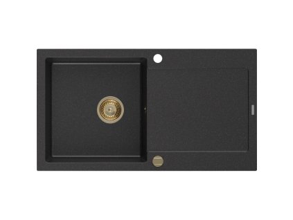 Granitový drez Mexen Leo s 1 misou a odkapávačom 900 x 500 mm, čierna/strieborná metalíza, zlatý sifón - 6501901010-73-G