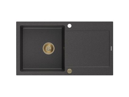 Granitový drez Mexen Leo s 1 misou a odkapávačom 900 x 500 mm, čierny bodkovaný, zlatý sifón - 6501901010-76-G