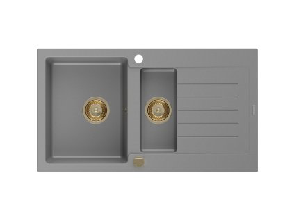 Granitový drez Mexen Matias s 1,5 miskou a odkapávačom 900 x 505 mm, sivý, zlatý sifón - 6502901505-71-G