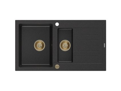 Granitový drez Mexen Matias s 1,5 miskou a odkapávačom 900 x 505 mm, čierna/strieborná metalíza, zlatý sifón - 6502901505-73-G