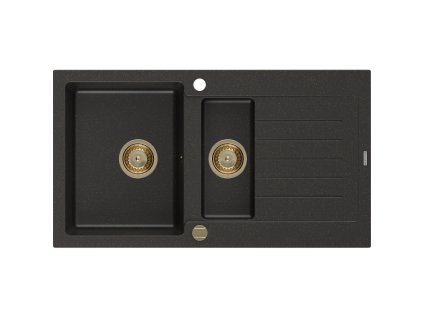 Granitový drez Mexen Matias s 1,5 misky a odkapávačom 900 x 505 mm, čierna/zlatá metalíza, zlatý sifón - 6502901505-75-G