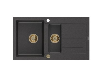 Granitový drez Mexen Matias s 1,5 miskou a odkapávačom 900 x 505 mm, čierny bodkovaný, zlatý sifón - 6502901505-76-G