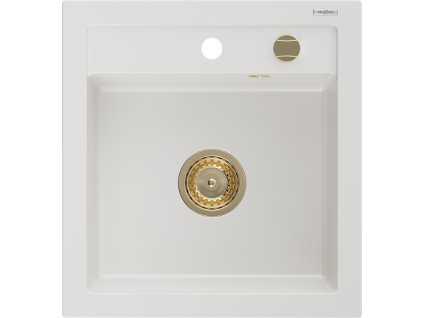 Granitový drez Mexen Vito s 1 misou, 520 x 490 mm, biely, zlatý sifón - 6503521000-20-G