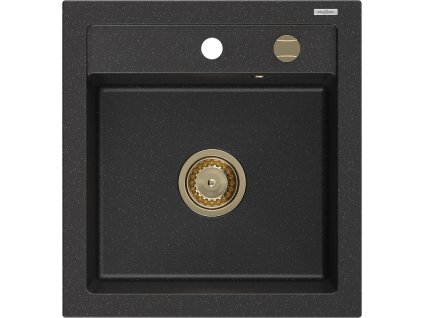 Granitový drez Mexen Vito s 1 misou 520 x 490 mm, čierna/strieborná metalíza, zlatý sifón - 6503521000-73-G