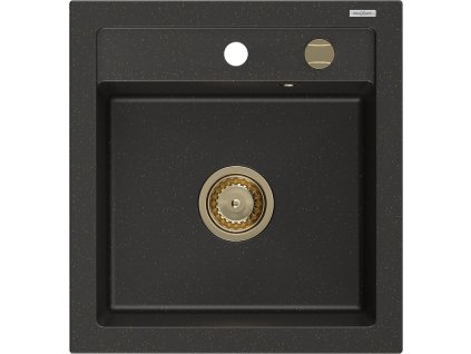 Granitový drez Mexen Vito s 1 misou 520 x 490 mm, čierna/zlatá metalíza, zlatý sifón - 6503521000-75-G