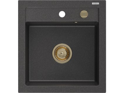 Granitový drez Mexen Vito s 1 misou 520 x 490 mm, čierny bodkovaný, zlatý sifón - 6503521000-76-G