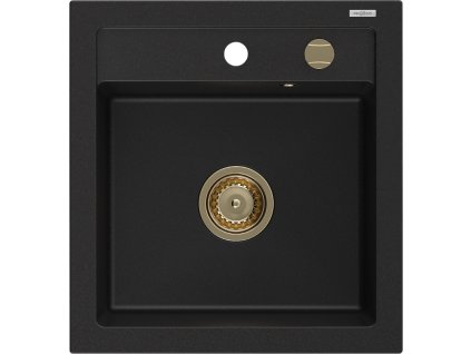 Granitový drez Mexen Vito s 1 misou, 520 x 490 mm, čierny, zlatý sifón - 6503521000-77-G