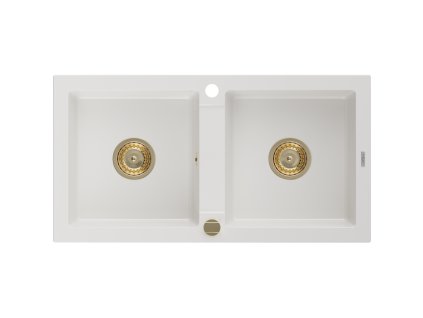 Granitový drez Mexen Mario s 2 misami, 820 x 436 mm, biely, zlatý sifón - 6504822000-20-G