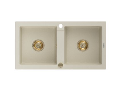 Granitový drez Mexen Mario s 2 misami, 820 x 436 mm, béžový, zlatý sifón - 6504822000-69-G