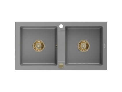 Granitový drez Mexen Mario s 2 misami, 820 x 436 mm, sivý, zlatý sifón - 6504822000-71-G